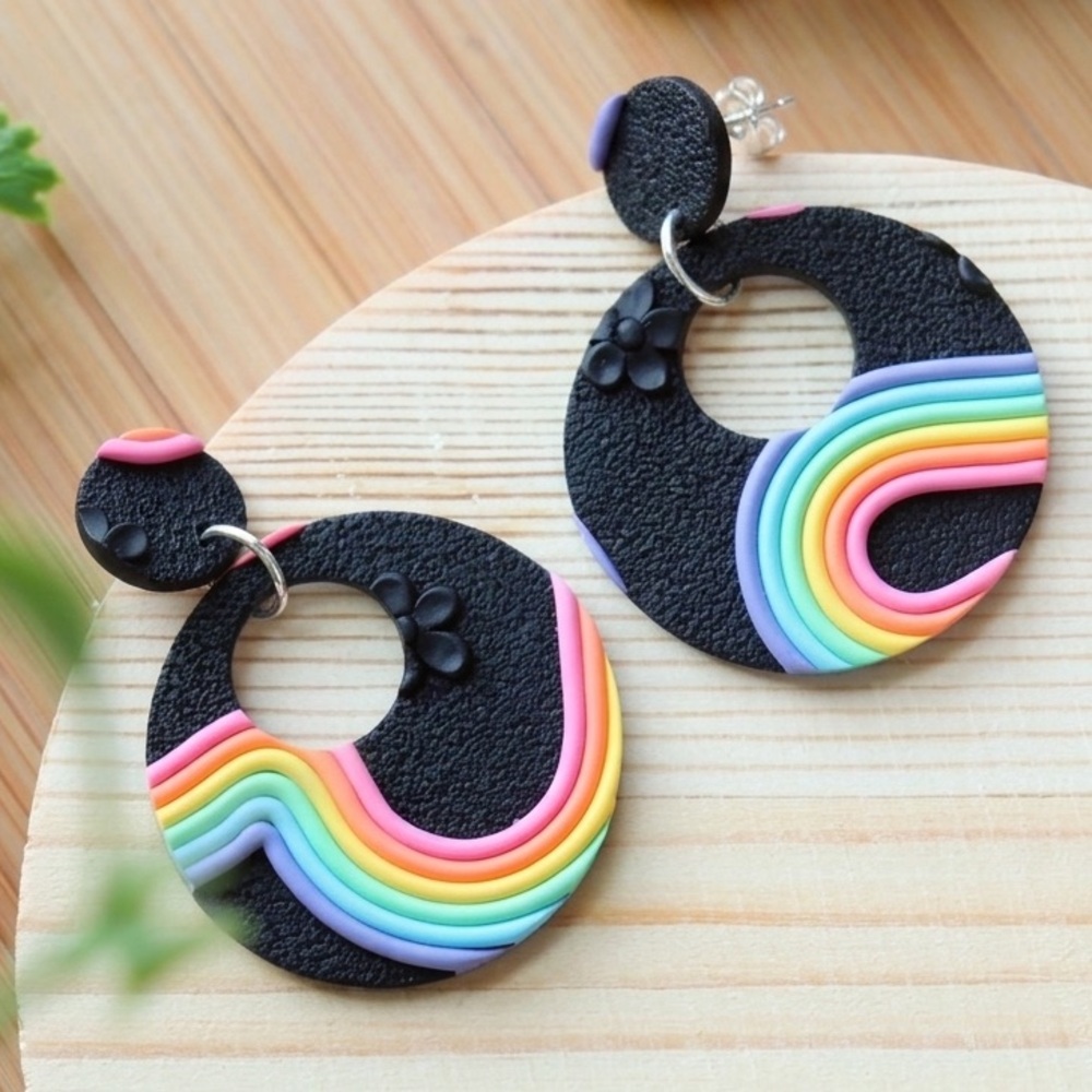 Textured Black Circle Rainbow Swirl Dangles - Handmade Earrings - Floral Accents